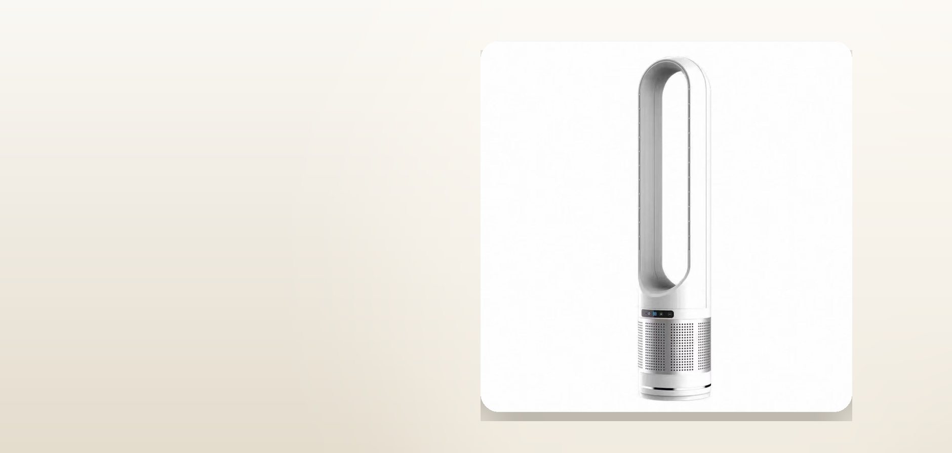 A white bladeless tower fan photographed on a pale studio background.